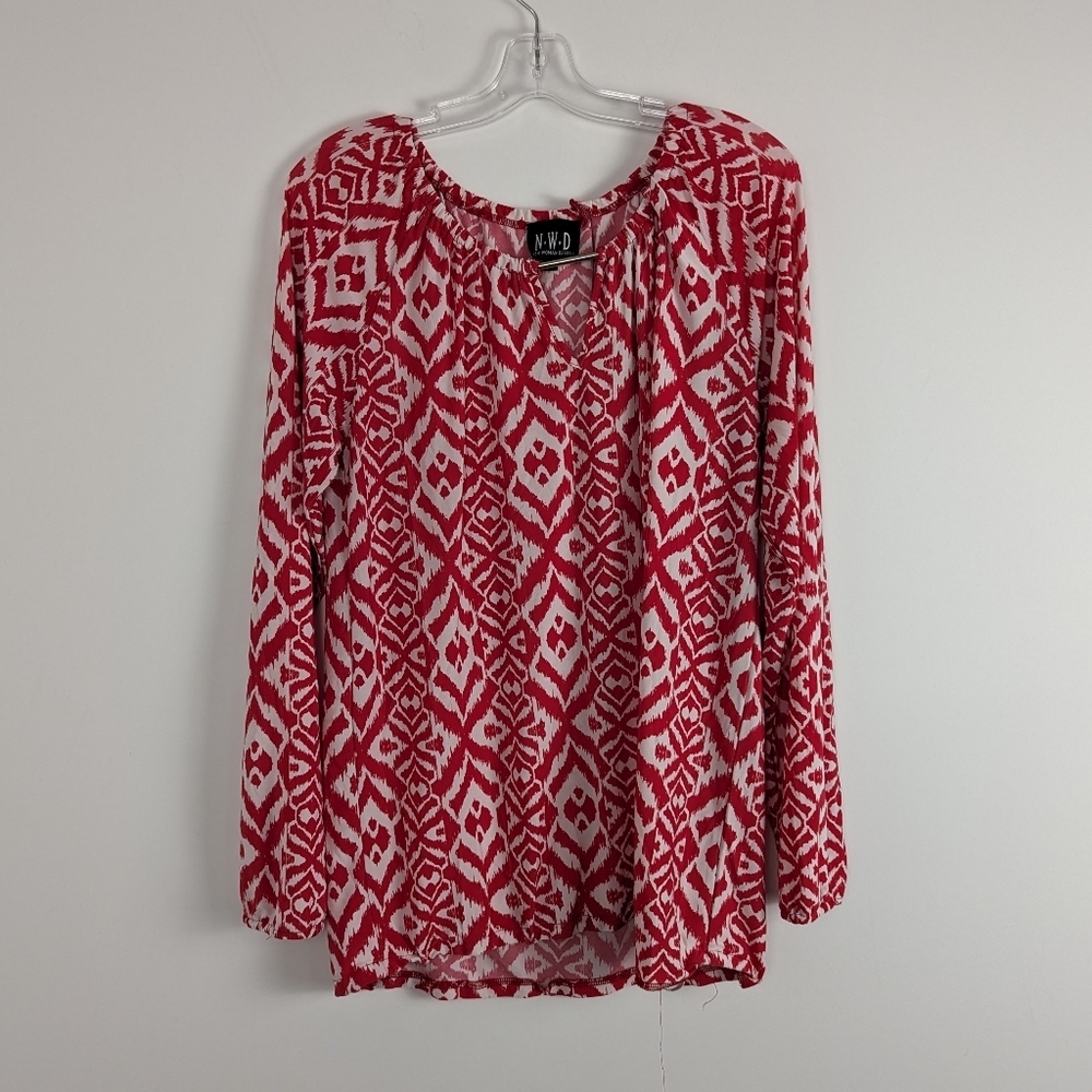 N.W.D Women's Geometric Print Peasant Blouse in Red and White - Extra Large